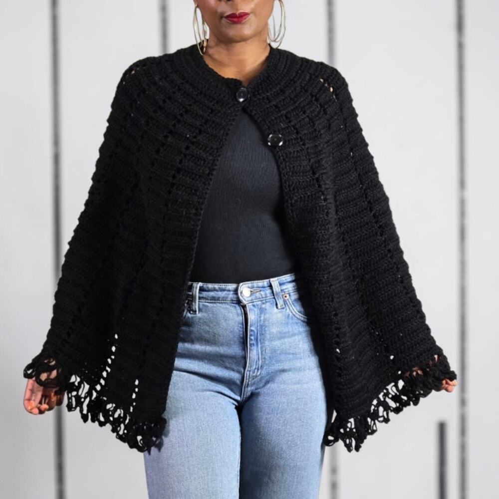 Vintage Crochet Cape Black Sweater Fringe Granny Homemade Knitted Shawl One Size